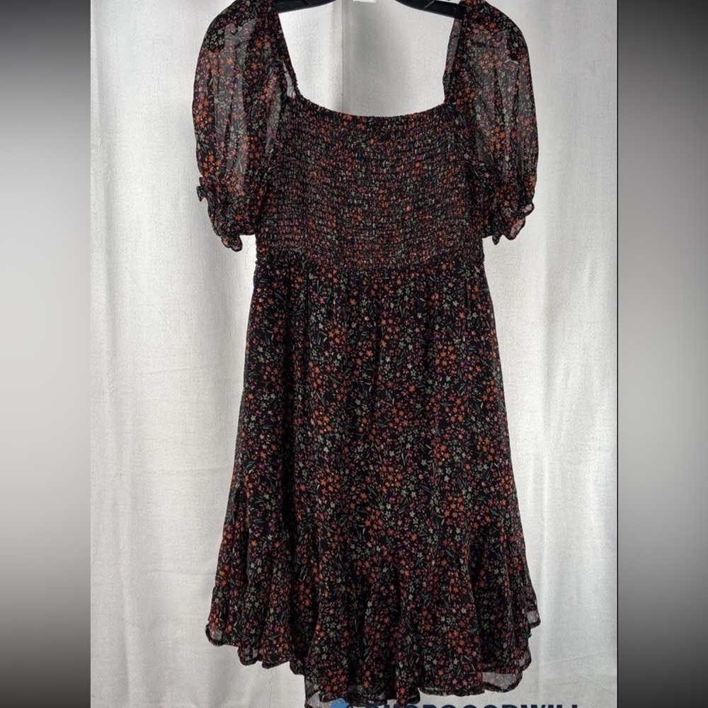 Myra Bag Black Floral Puff Drop Sleeved Semi Sheer Dress    Size M - Picture 2 of 3